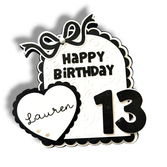 personalized black and white coquette birthday cake topper with custom name, bow design