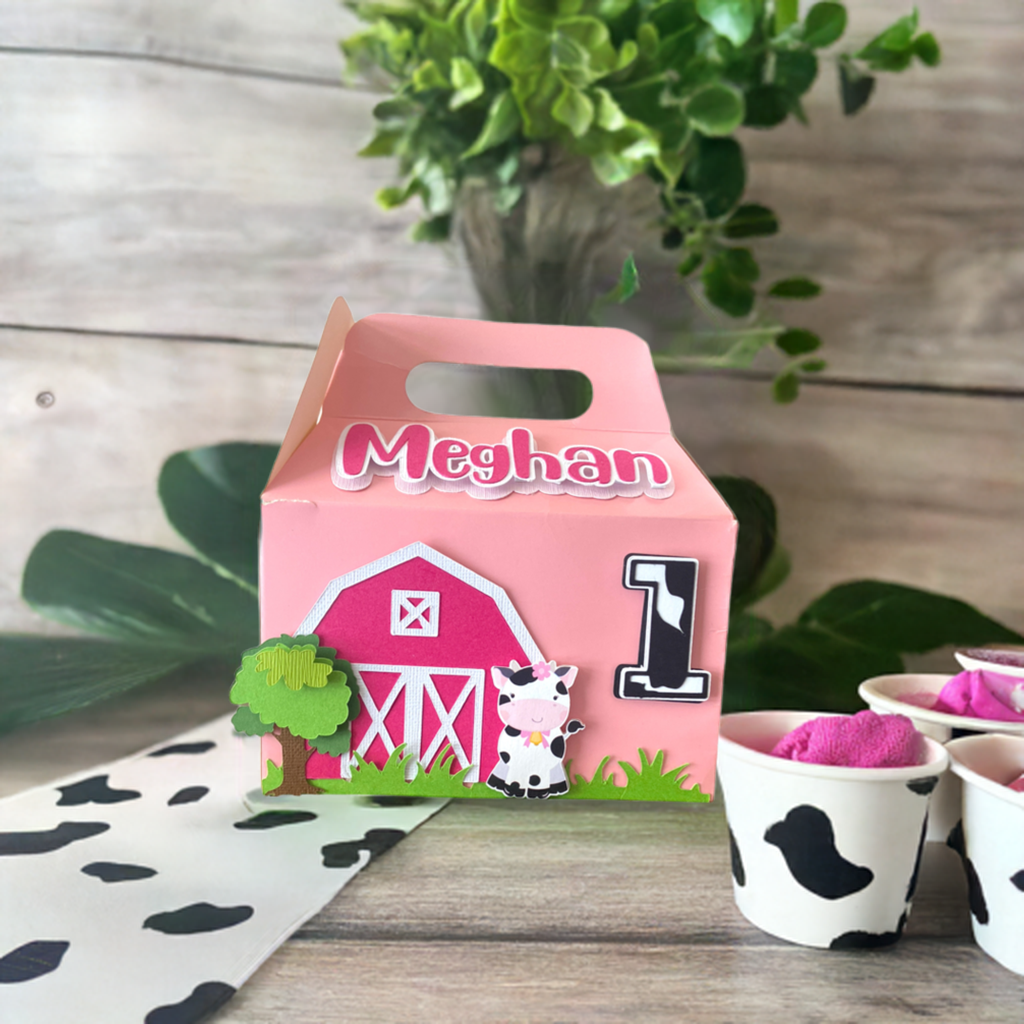 Pink Cow themed gable personalized favor box