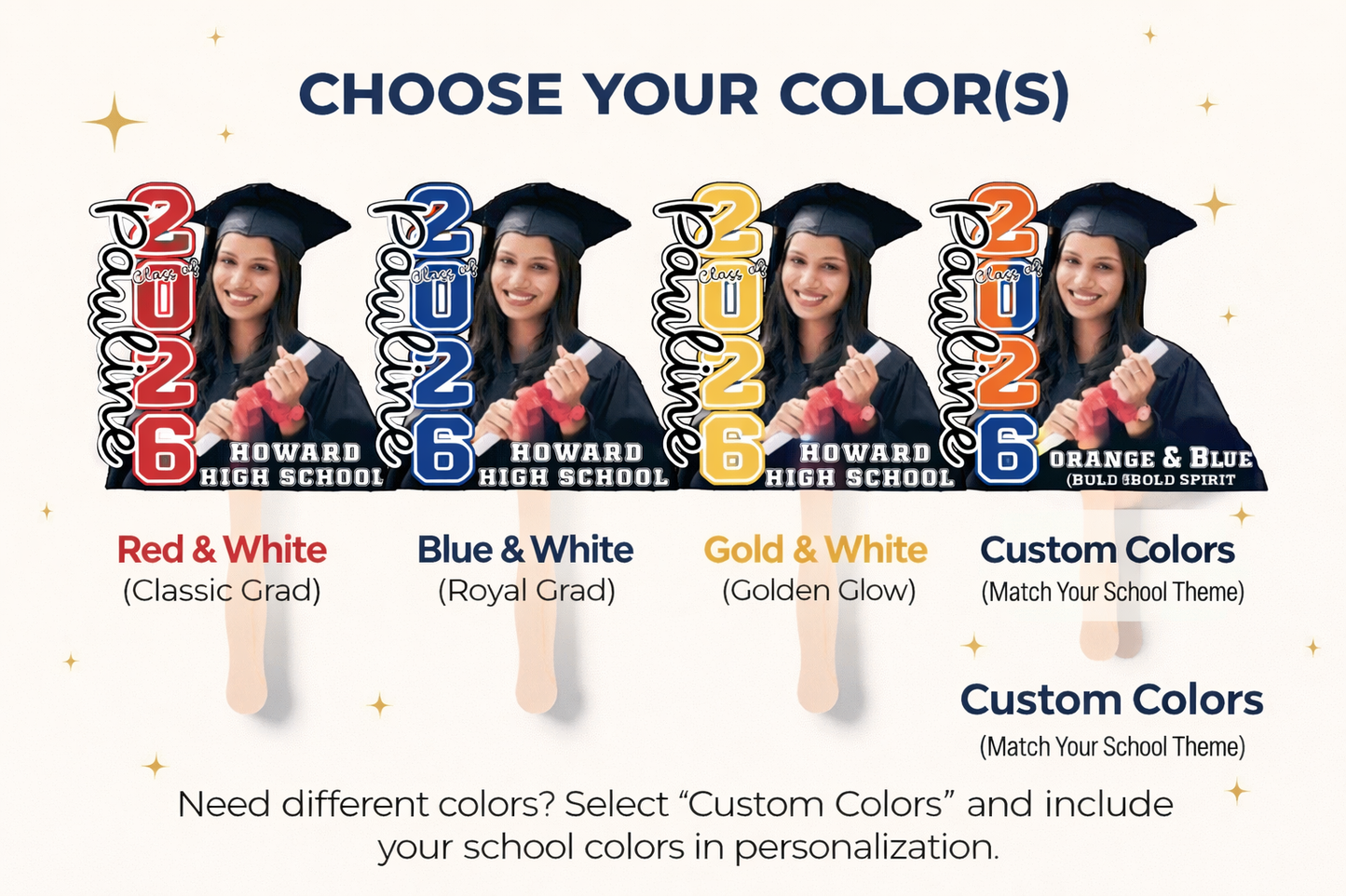 Graduation cap design options with color choices for 2026 graduation theme.