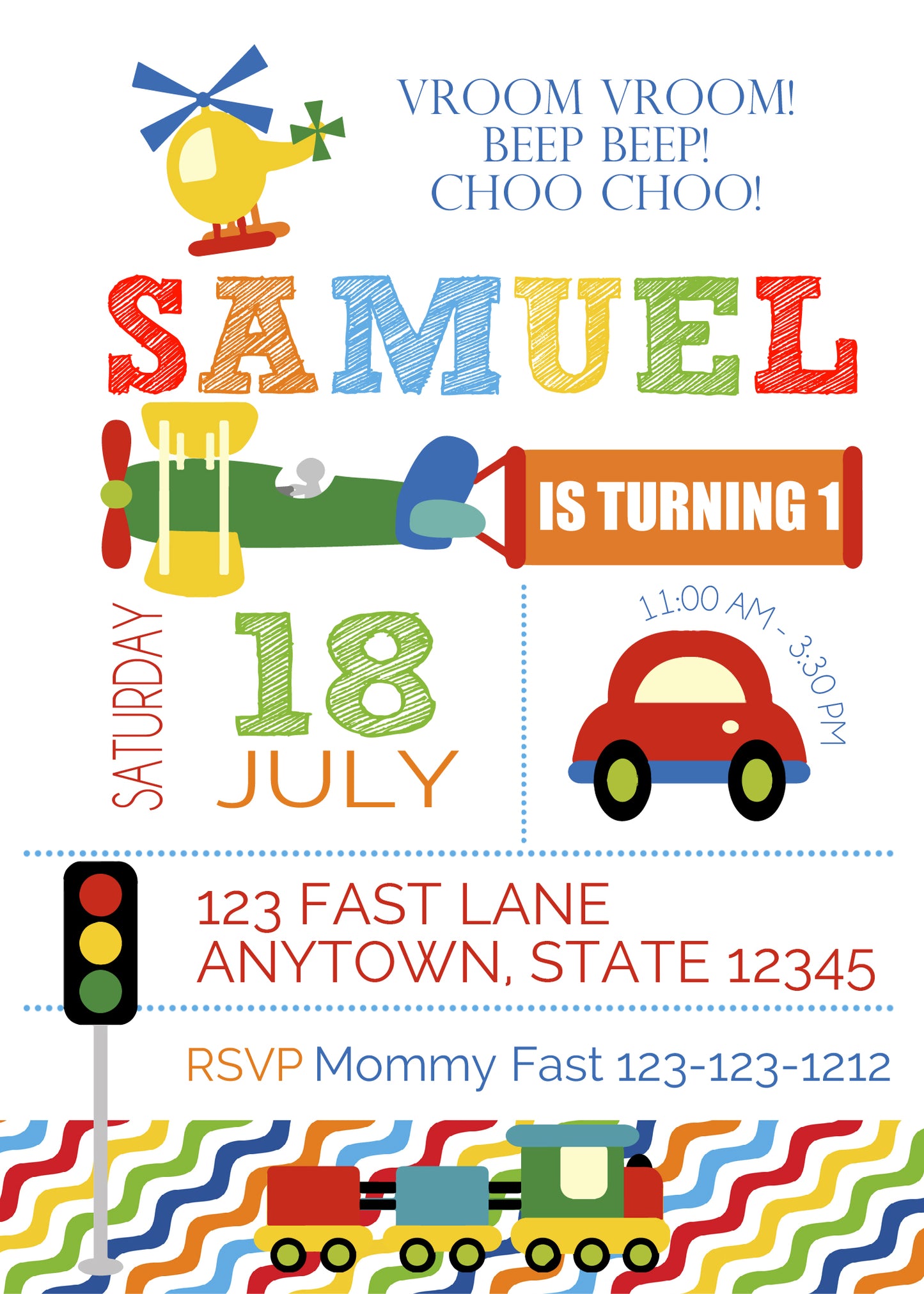 Transportation cars, truck, helicopter Birthday Invitations - Invitetique