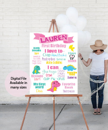 Girl dinosaur first birthday milestone board