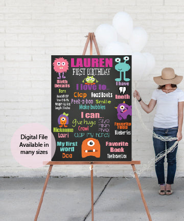 Lil' girl monster first birthday milestone board